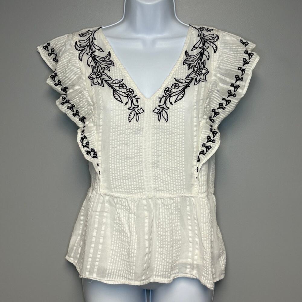 LOFT Western Countrycore‎ Floral Embroidered Ruffle Chambray Blouse Sz M